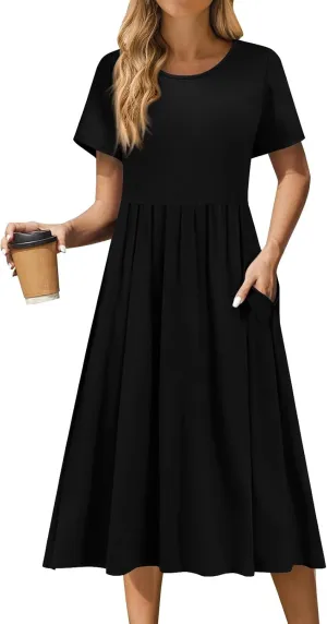 Women's Summer Short Sleeve A-Line Midi Dresses Casual Floral T-Shirt Dress Boho Beach Dresses with Pockets