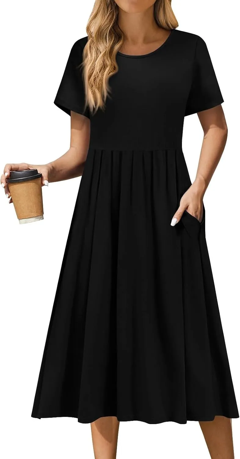 Women's Summer Short Sleeve A-Line Midi Dresses Casual Floral T-Shirt Dress Boho Beach Dresses with Pockets