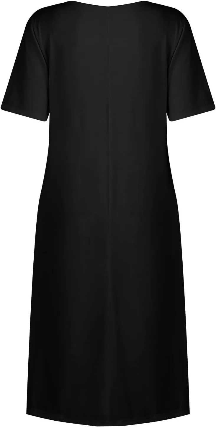 Women's Summer Short Sleeve A-Line Midi Dresses Casual Floral T-Shirt Dress Boho Beach Dresses with Pockets