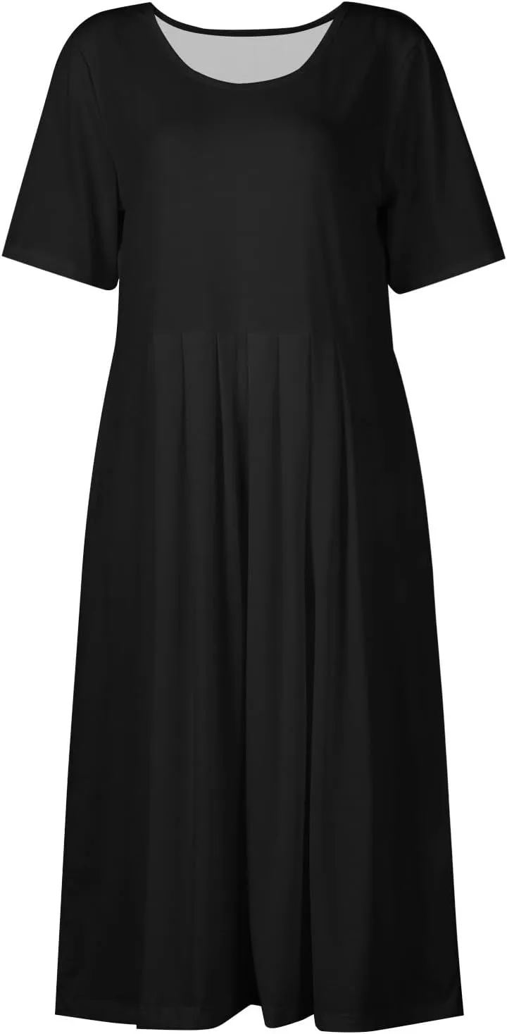 Women's Summer Short Sleeve A-Line Midi Dresses Casual Floral T-Shirt Dress Boho Beach Dresses with Pockets