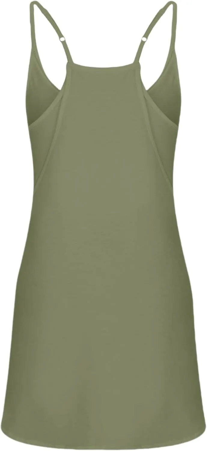 Womens Summer Sleeveless Mini Dress V Neck Spaghetti Strap Sundress Athletic Short Dress with Pockets