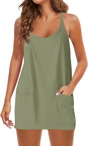 Womens Summer Sleeveless Mini Dress V Neck Spaghetti Strap Sundress Athletic Short Dress with Pockets