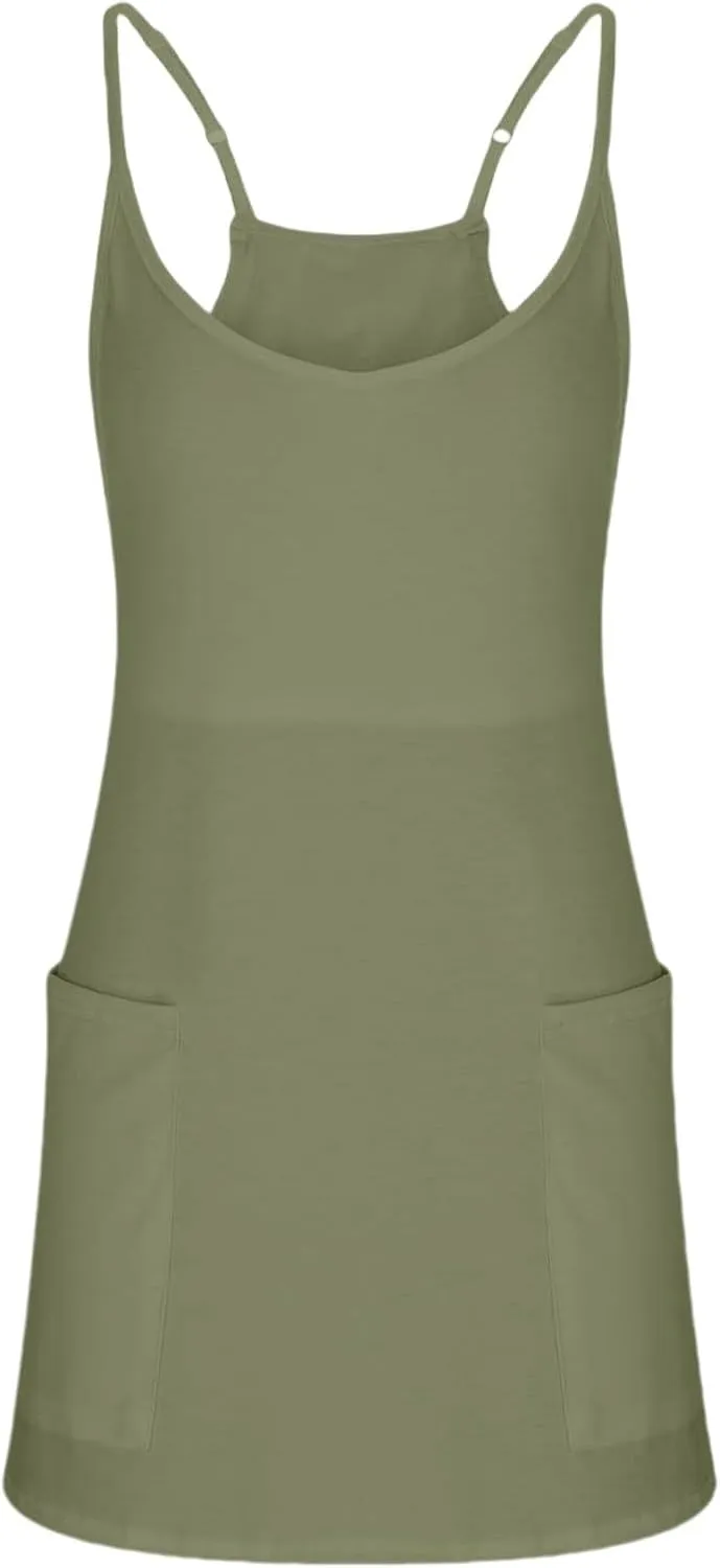 Womens Summer Sleeveless Mini Dress V Neck Spaghetti Strap Sundress Athletic Short Dress with Pockets