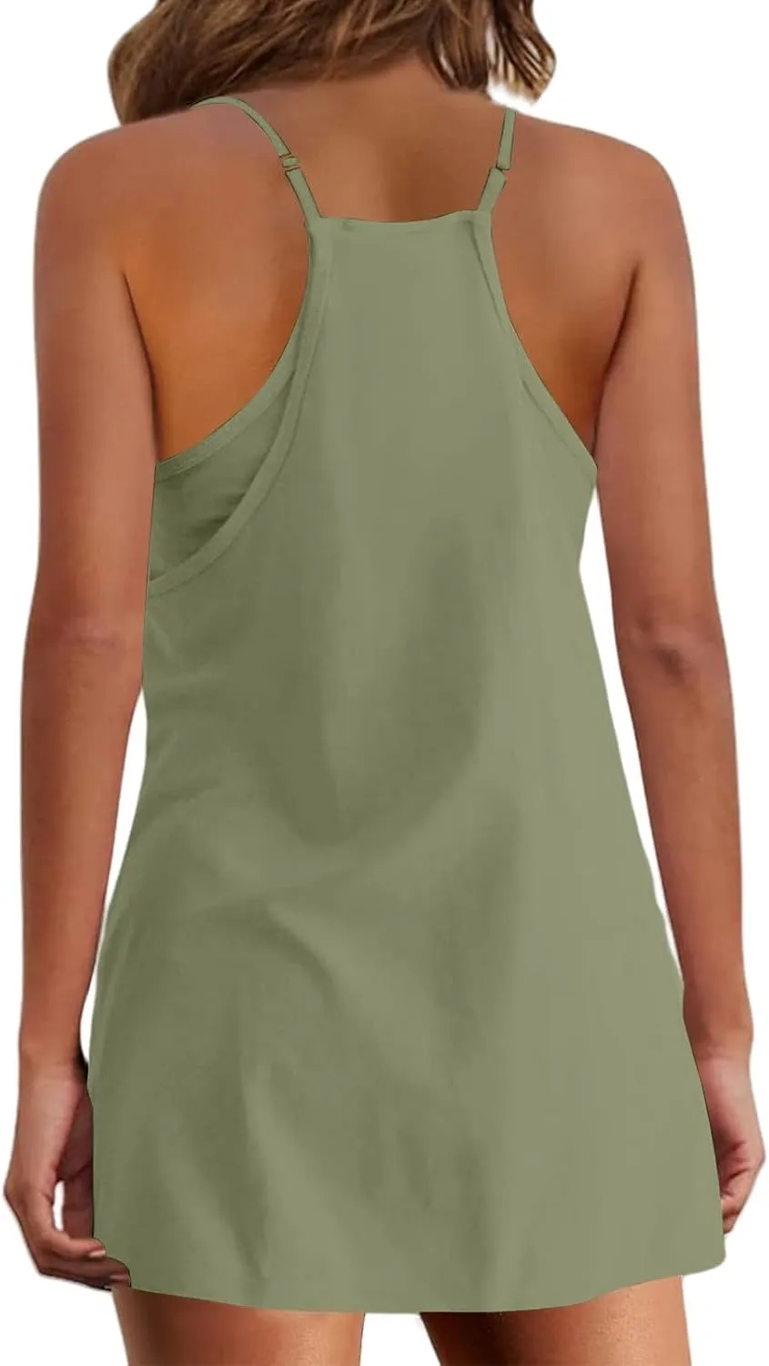 Womens Summer Sleeveless Mini Dress V Neck Spaghetti Strap Sundress Athletic Short Dress with Pockets