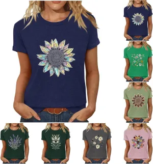 Womens Summer Tops 2025 Boho Vintage Floral Graphic Basic Tees Crewneck Short Sleeve Shirts