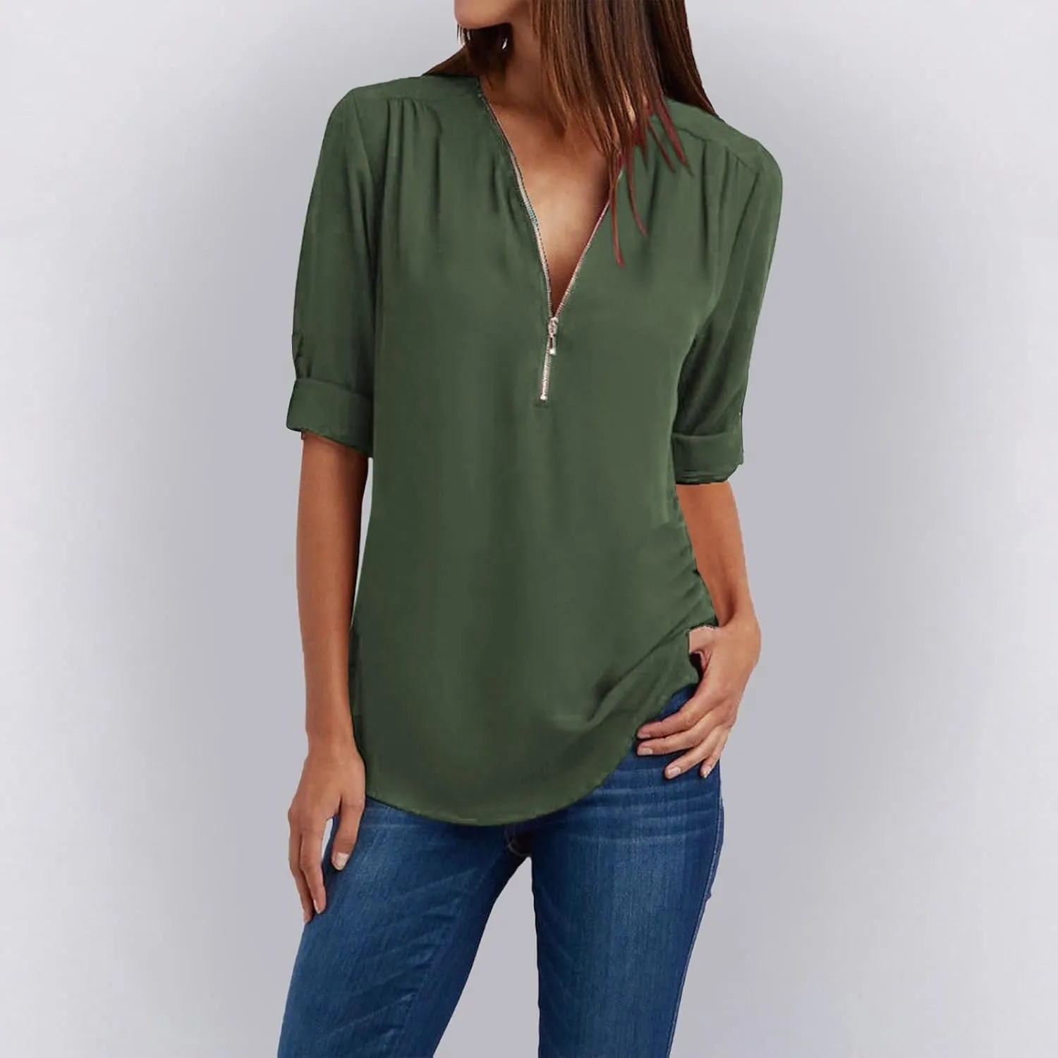 Womens Summer Tops 2025 Plus Size Zip Front 3/4 Sleeve Shirts V Neck Blouses Tunic Top Trendy Dressy Casual Outfits