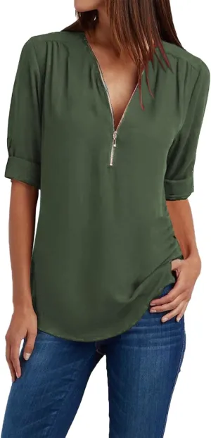 Womens Summer Tops 2025 Plus Size Zip Front 3/4 Sleeve Shirts V Neck Blouses Tunic Top Trendy Dressy Casual Outfits