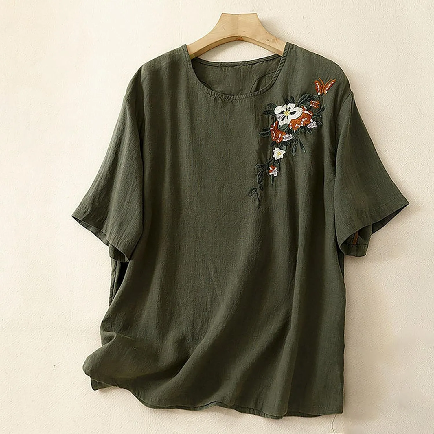 Women's Summer Tops Casual Cotton Linen T Shirts Short Sleeve Crew Neck Shirt Oversized Floral Graphic Tees