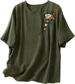 Women's Summer Tops Casual Cotton Linen T Shirts Short Sleeve Crew Neck Shirt Oversized Floral Graphic Tees