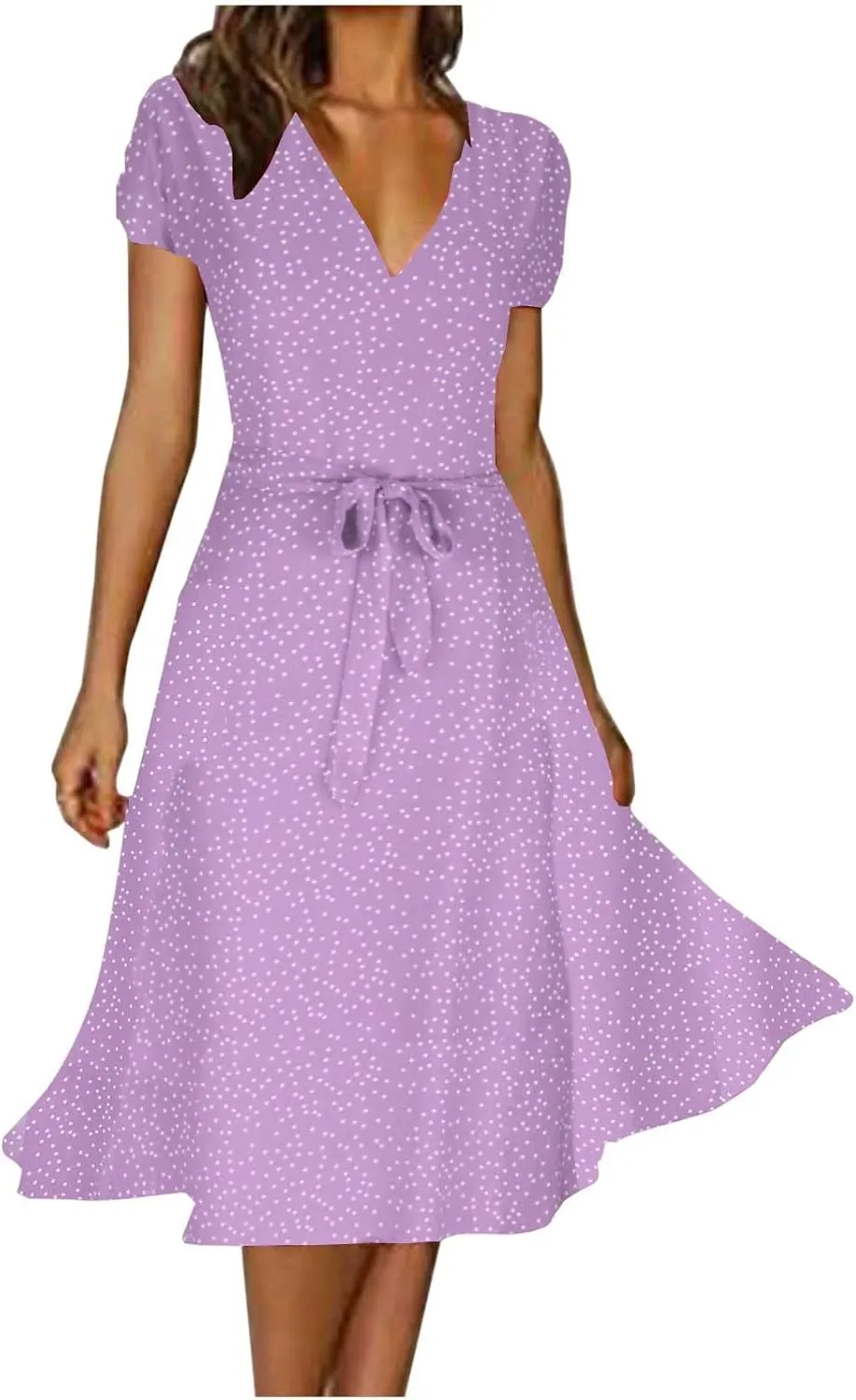Women's Summer Wrap Dress V-Neck Lace Up Waist Beach Dresses Polka Dot Print Casual Short Sleeve Midi Dress