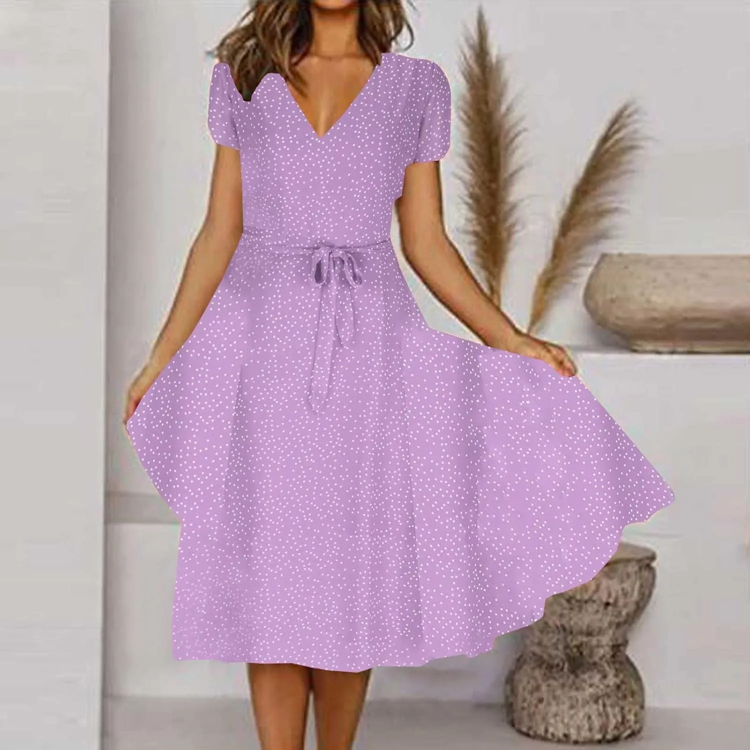 Women's Summer Wrap Dress V-Neck Lace Up Waist Beach Dresses Polka Dot Print Casual Short Sleeve Midi Dress