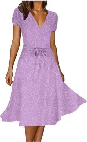 Women's Summer Wrap Dress V-Neck Lace Up Waist Beach Dresses Polka Dot Print Casual Short Sleeve Midi Dress