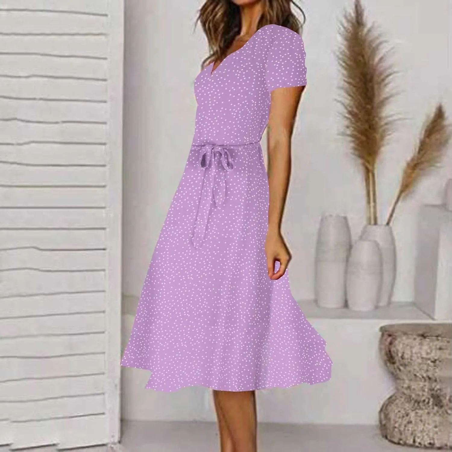 Women's Summer Wrap Dress V-Neck Lace Up Waist Beach Dresses Polka Dot Print Casual Short Sleeve Midi Dress