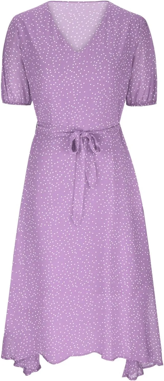 Women's Summer Wrap Dress V-Neck Lace Up Waist Beach Dresses Polka Dot Print Casual Short Sleeve Midi Dress