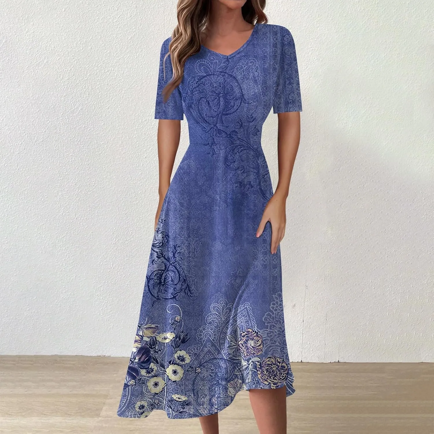 Women's Sundress Casual Loose Trendy Short Sleeve V-Neck Solid Floral Printed Beach Vacation Maxi Dresses, S-2XL