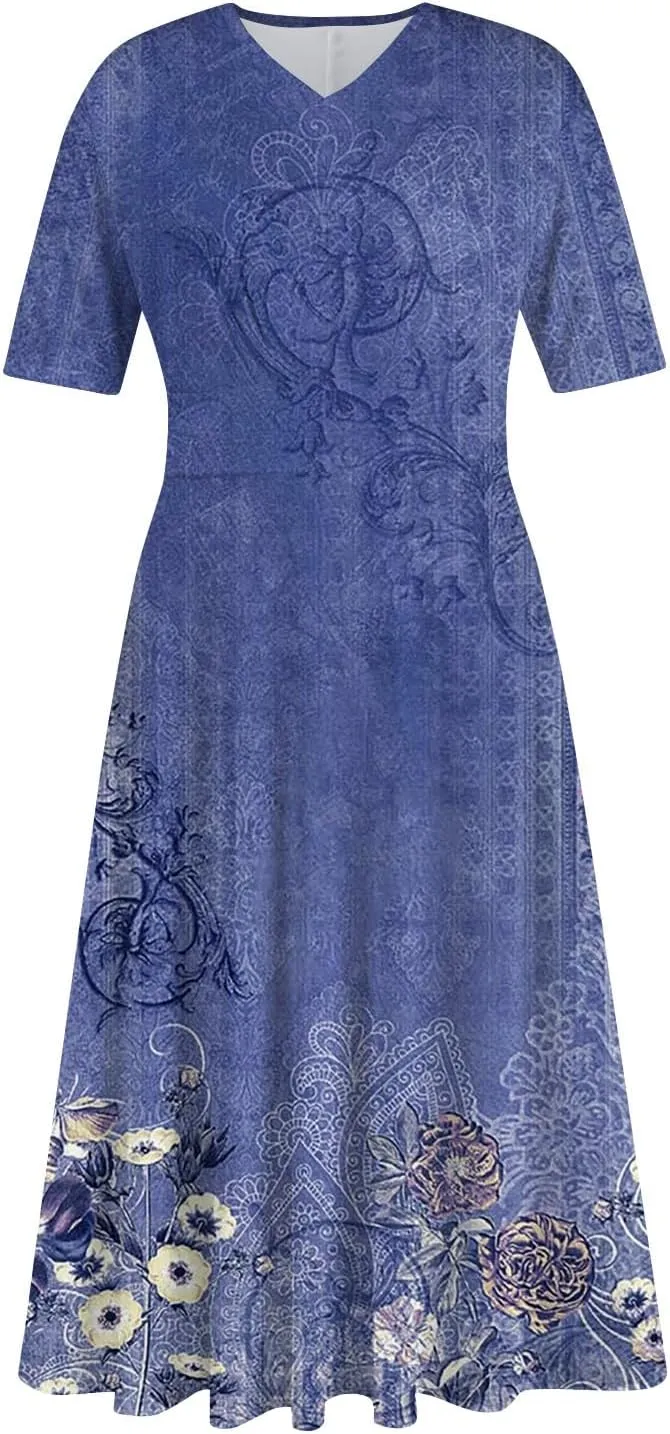 Women's Sundress Casual Loose Trendy Short Sleeve V-Neck Solid Floral Printed Beach Vacation Maxi Dresses, S-2XL