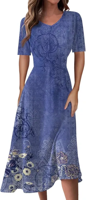 Women's Sundress Casual Loose Trendy Short Sleeve V-Neck Solid Floral Printed Beach Vacation Maxi Dresses, S-2XL