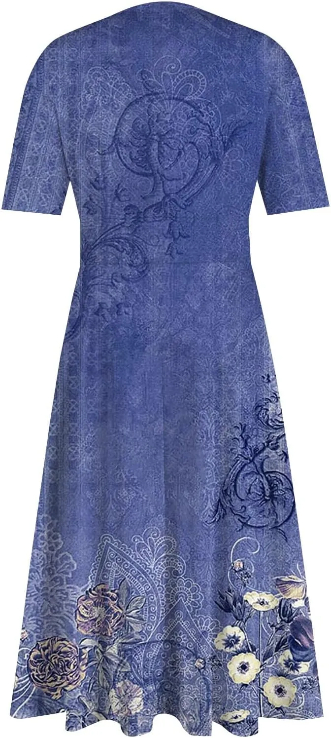 Women's Sundress Casual Loose Trendy Short Sleeve V-Neck Solid Floral Printed Beach Vacation Maxi Dresses, S-2XL