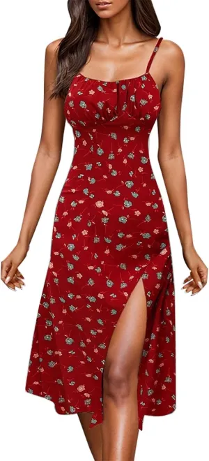 Womens Sundress Summer Tank Dress Boho Spaghetti with Polka Dot Tank Top Pleats Boho Floral Print Beach Cover Up