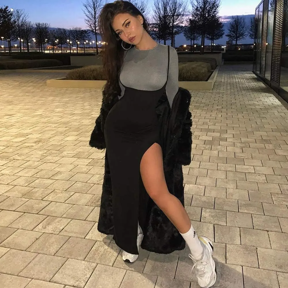 Women's Suspender Skirt High Waist Dress Shoulder Straps High Split Long Maxi Skirt for Party Festival Club
