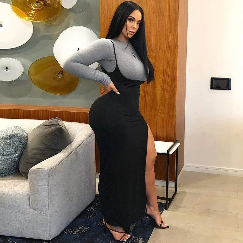 Women's Suspender Skirt High Waist Dress Shoulder Straps High Split Long Maxi Skirt for Party Festival Club