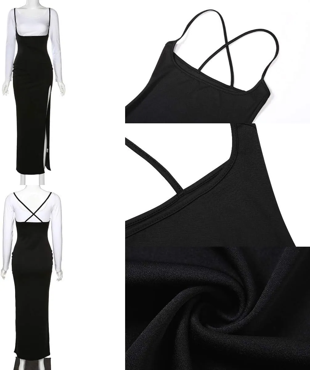Women's Suspender Skirt High Waist Dress Shoulder Straps High Split Long Maxi Skirt for Party Festival Club