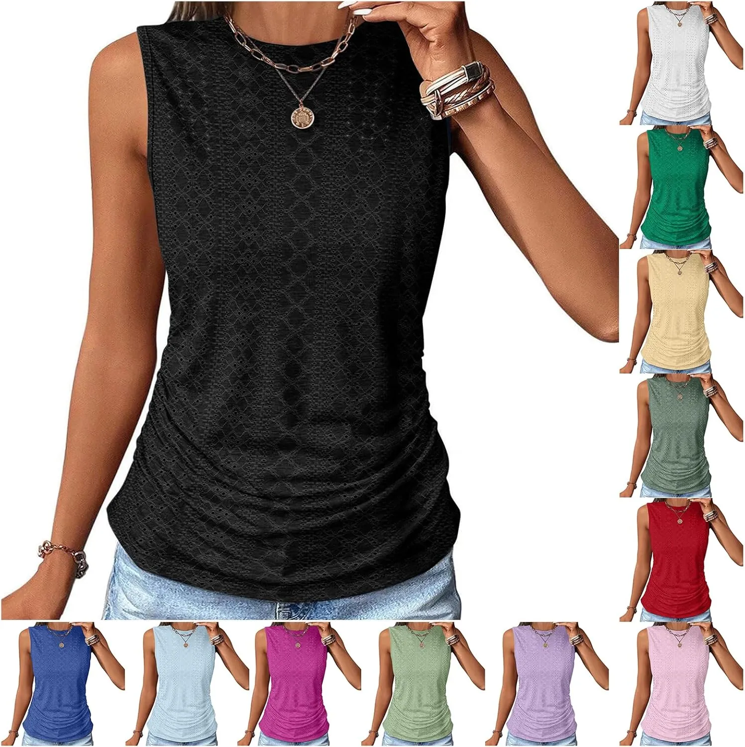 Womens Tank Tops Sleeveless Eyelet Shirts Crewneck Summer Tops Casual Loose Fit Basic Tees Beach Vacation Clothes