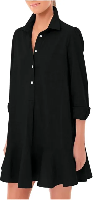 Women's Tunic Shirt Mini Dress Cotton Long Sleeve Short Dress Button Flowy Ruffle Hem Shift Casual Dresses with Pocket