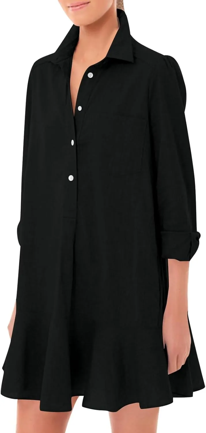 Women's Tunic Shirt Mini Dress Cotton Long Sleeve Short Dress Button Flowy Ruffle Hem Shift Casual Dresses with Pocket