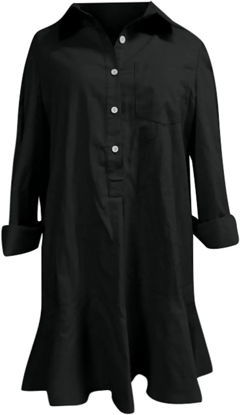 Women's Tunic Shirt Mini Dress Cotton Long Sleeve Short Dress Button Flowy Ruffle Hem Shift Casual Dresses with Pocket