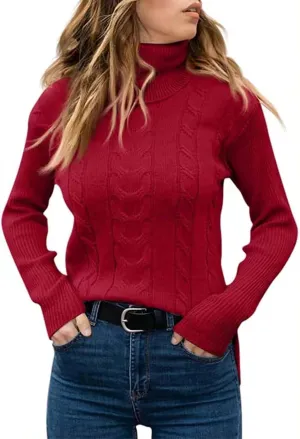 Women's Turtleneck Sweater Solid Color Long Sleeve Cable Knit Chunky Casual Oversized 2024 Fall Pullover Sweater Tops