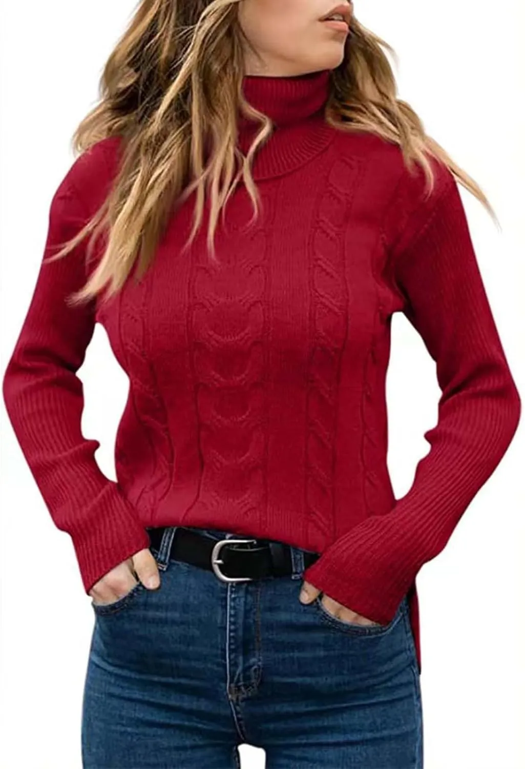 Women's Turtleneck Sweater Solid Color Long Sleeve Cable Knit Chunky Casual Oversized 2024 Fall Pullover Sweater Tops