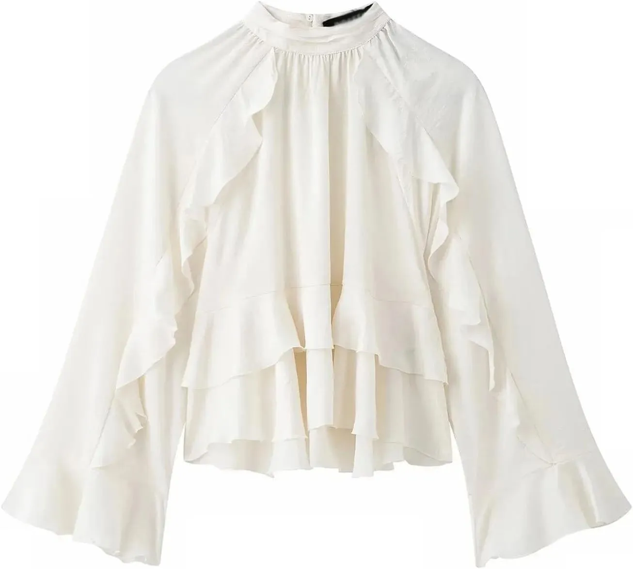 Women's White Shirt Laminated Ruffled Round Neck Long Sleeve Casual Lightweight Shirt Top