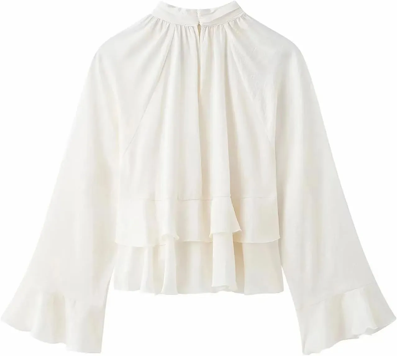Women's White Shirt Laminated Ruffled Round Neck Long Sleeve Casual Lightweight Shirt Top