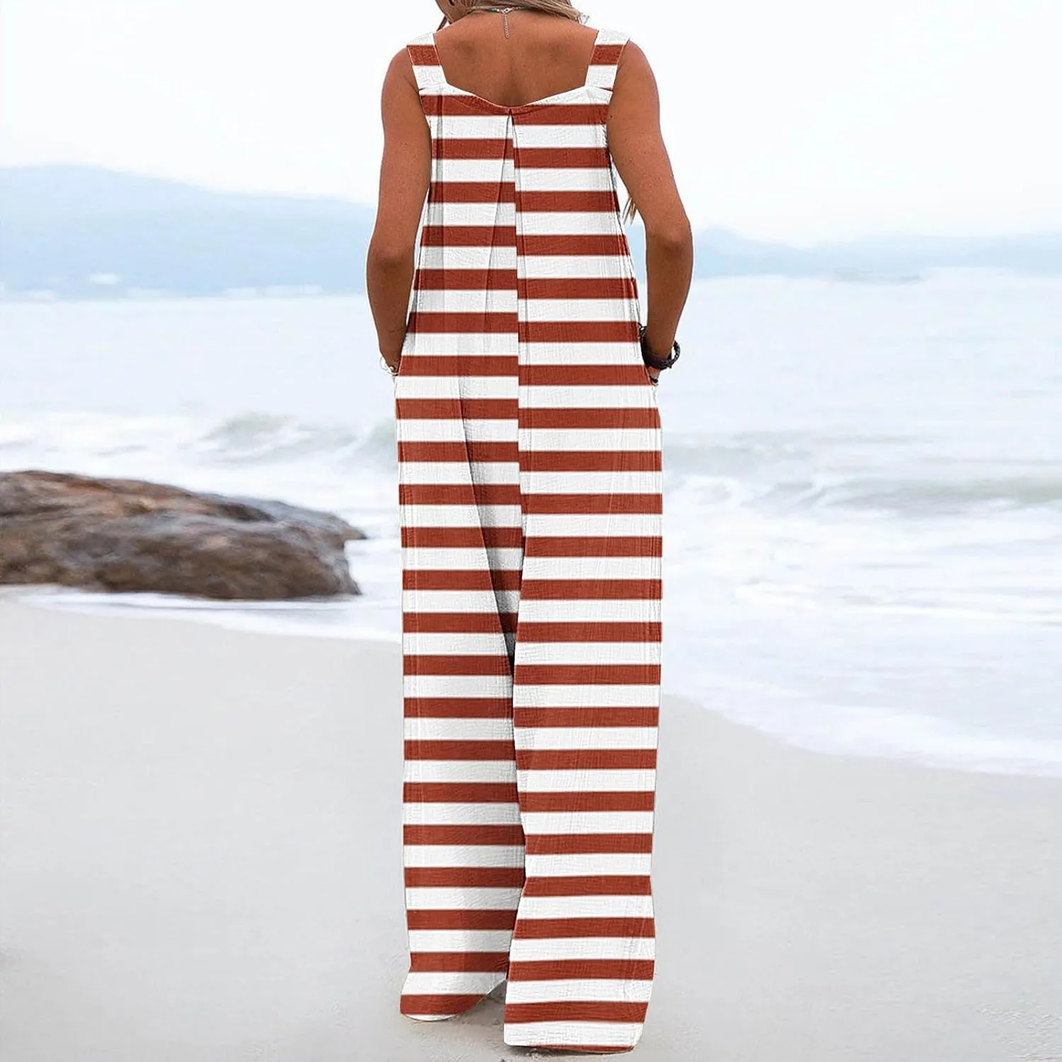 Womens Wide Leg Jumpsuits Fashion Striped Print Sleeveless Button Straps Baggy Casual Pockets Rompers Bib Overalls