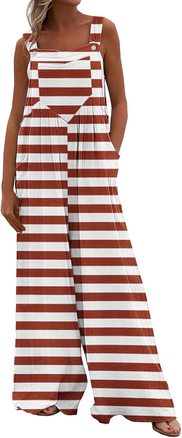 Womens Wide Leg Jumpsuits Fashion Striped Print Sleeveless Button Straps Baggy Casual Pockets Rompers Bib Overalls