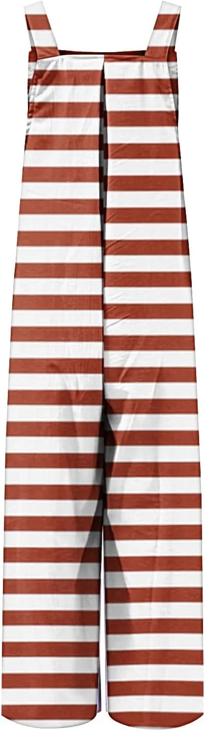 Womens Wide Leg Jumpsuits Fashion Striped Print Sleeveless Button Straps Baggy Casual Pockets Rompers Bib Overalls