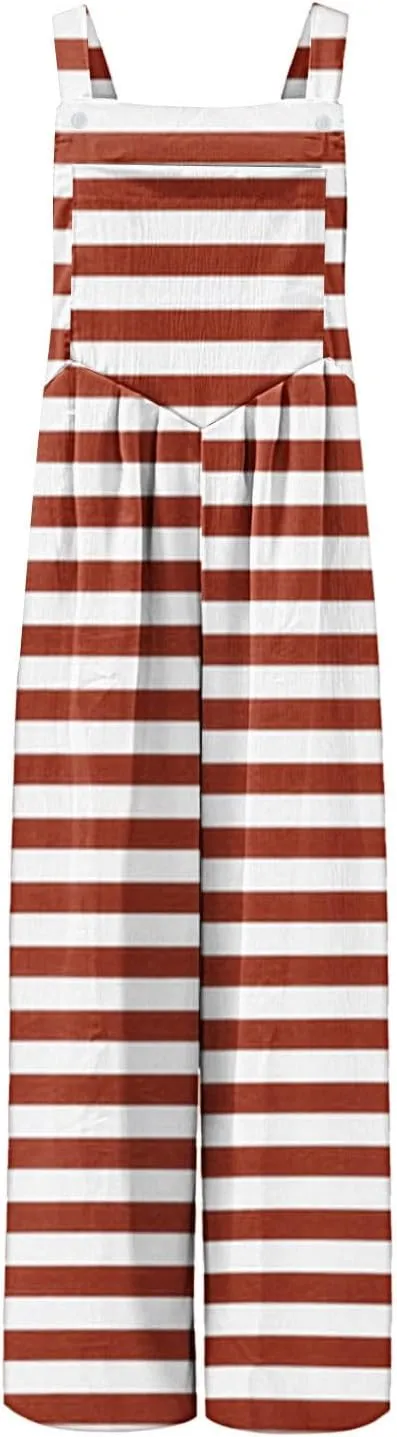 Womens Wide Leg Jumpsuits Fashion Striped Print Sleeveless Button Straps Baggy Casual Pockets Rompers Bib Overalls