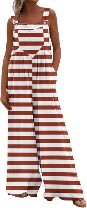Womens Wide Leg Jumpsuits Fashion Striped Print Sleeveless Button Straps Baggy Casual Pockets Rompers Bib Overalls