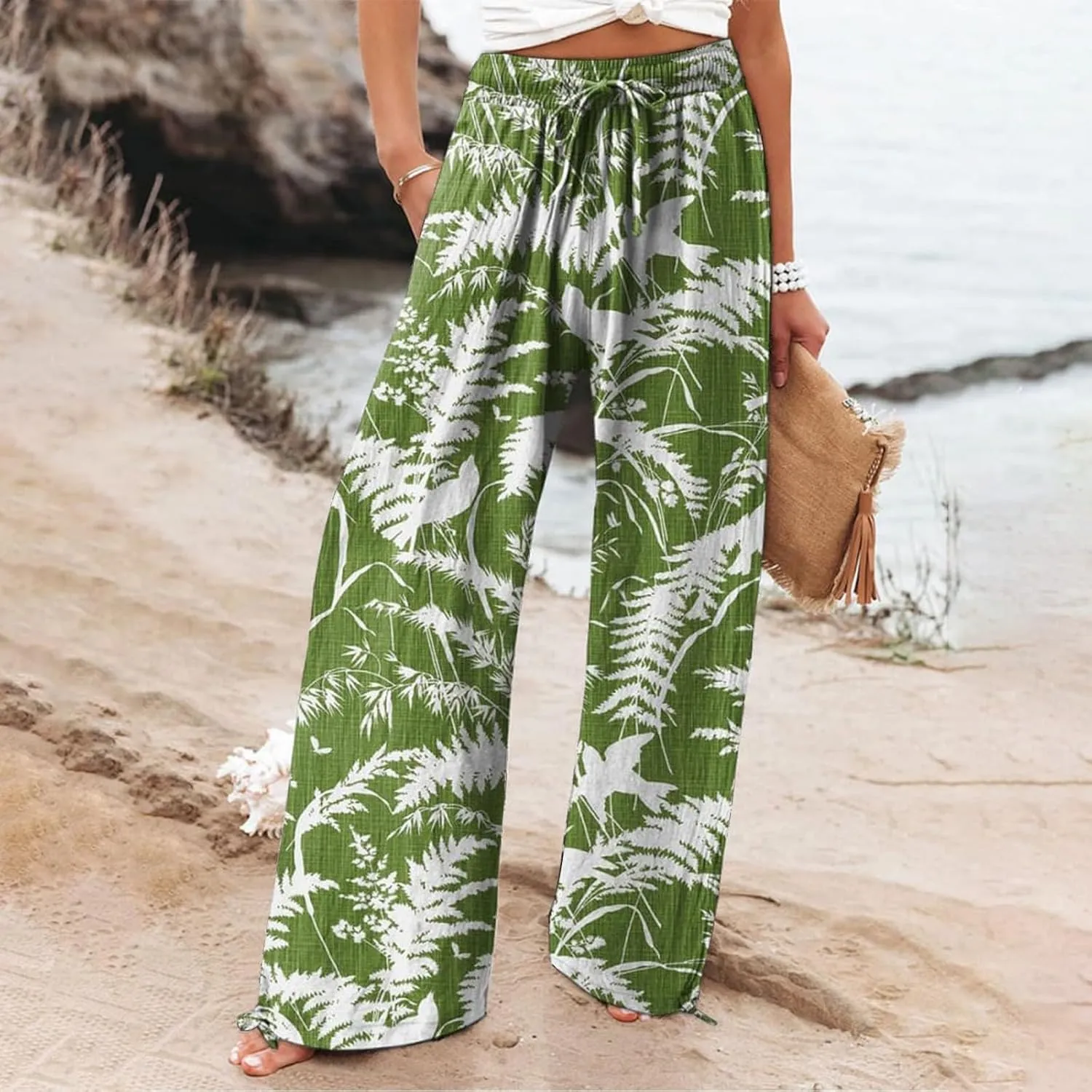 Women's Wide Leg Pants Womens Cotton Casual Loose Pants Comfy Work Pants with Pockets Elastic High Waist Paper Bag