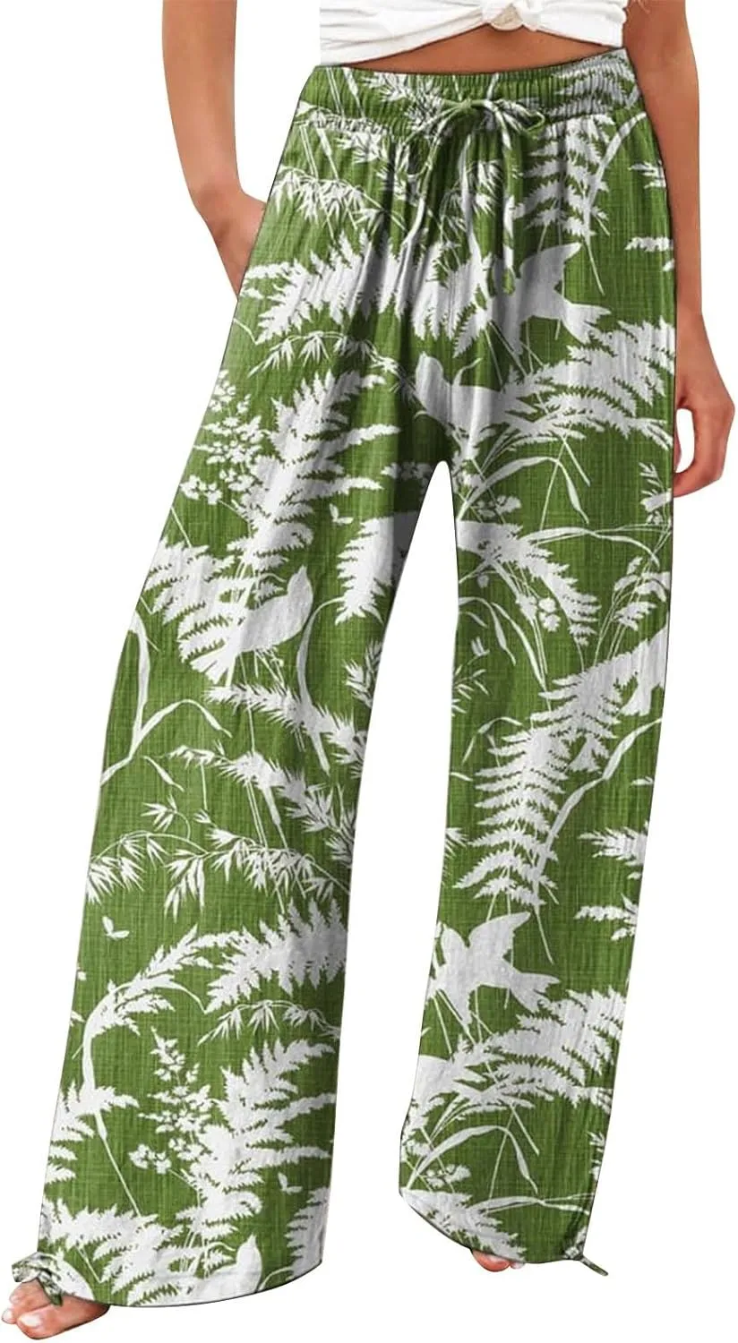 Women's Wide Leg Pants Womens Cotton Casual Loose Pants Comfy Work Pants with Pockets Elastic High Waist Paper Bag