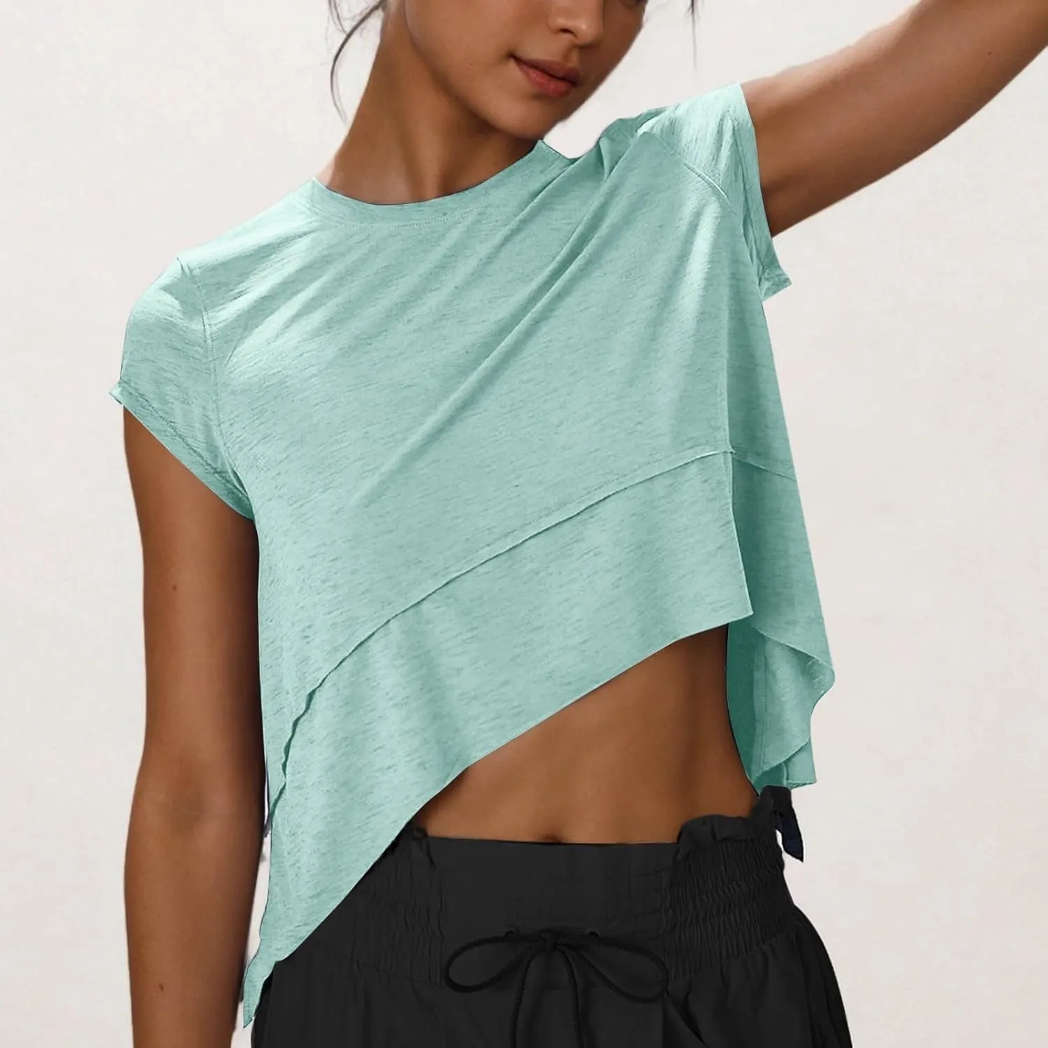 Workout Cropped Tops for Women Flowy Athletic Tops Oversized Loose Fit Running Yoga Quick Dry Soft Crewneck Tees