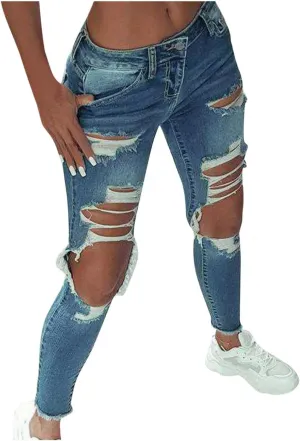 WUAI High Waisted Ripped Jeans for Women Classic Pull-On Butt Lift Stretch Distressed Ripped Skinny Jeans Denim Pencil Pants