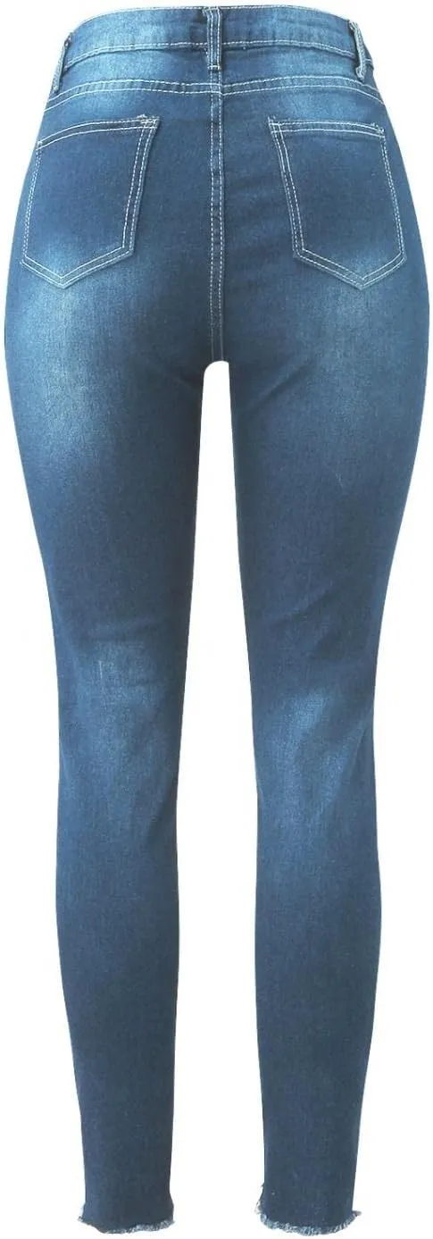 WUAI High Waisted Ripped Jeans for Women Classic Pull-On Butt Lift Stretch Distressed Ripped Skinny Jeans Denim Pencil Pants