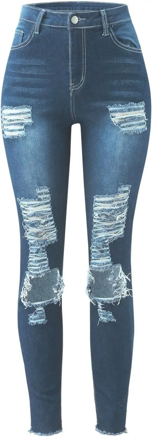 WUAI High Waisted Ripped Jeans for Women Classic Pull-On Butt Lift Stretch Distressed Ripped Skinny Jeans Denim Pencil Pants
