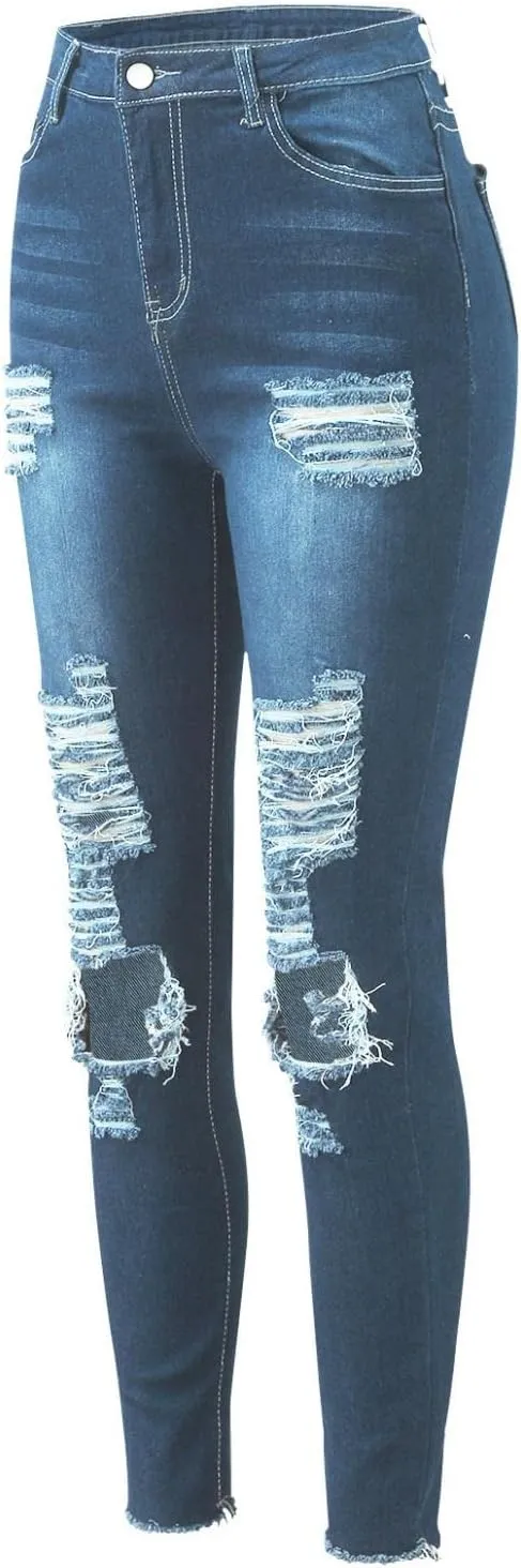 WUAI High Waisted Ripped Jeans for Women Classic Pull-On Butt Lift Stretch Distressed Ripped Skinny Jeans Denim Pencil Pants