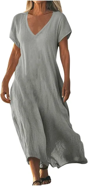 Xiaojmake 2025 Linen Casual Dresses for Women V Neck Short Sleeve Flowy Maxi Dress Lightweight Summer Beach Vacation Outfits