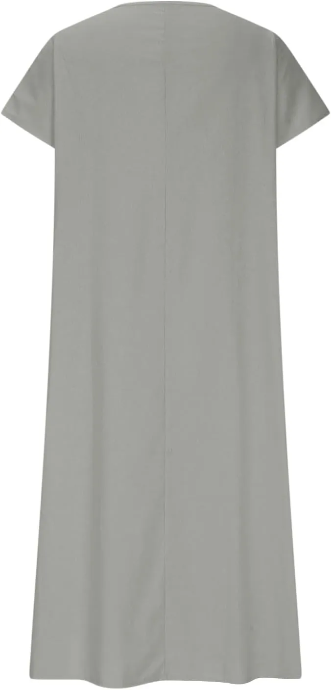 Xiaojmake 2025 Linen Casual Dresses for Women V Neck Short Sleeve Flowy Maxi Dress Lightweight Summer Beach Vacation Outfits
