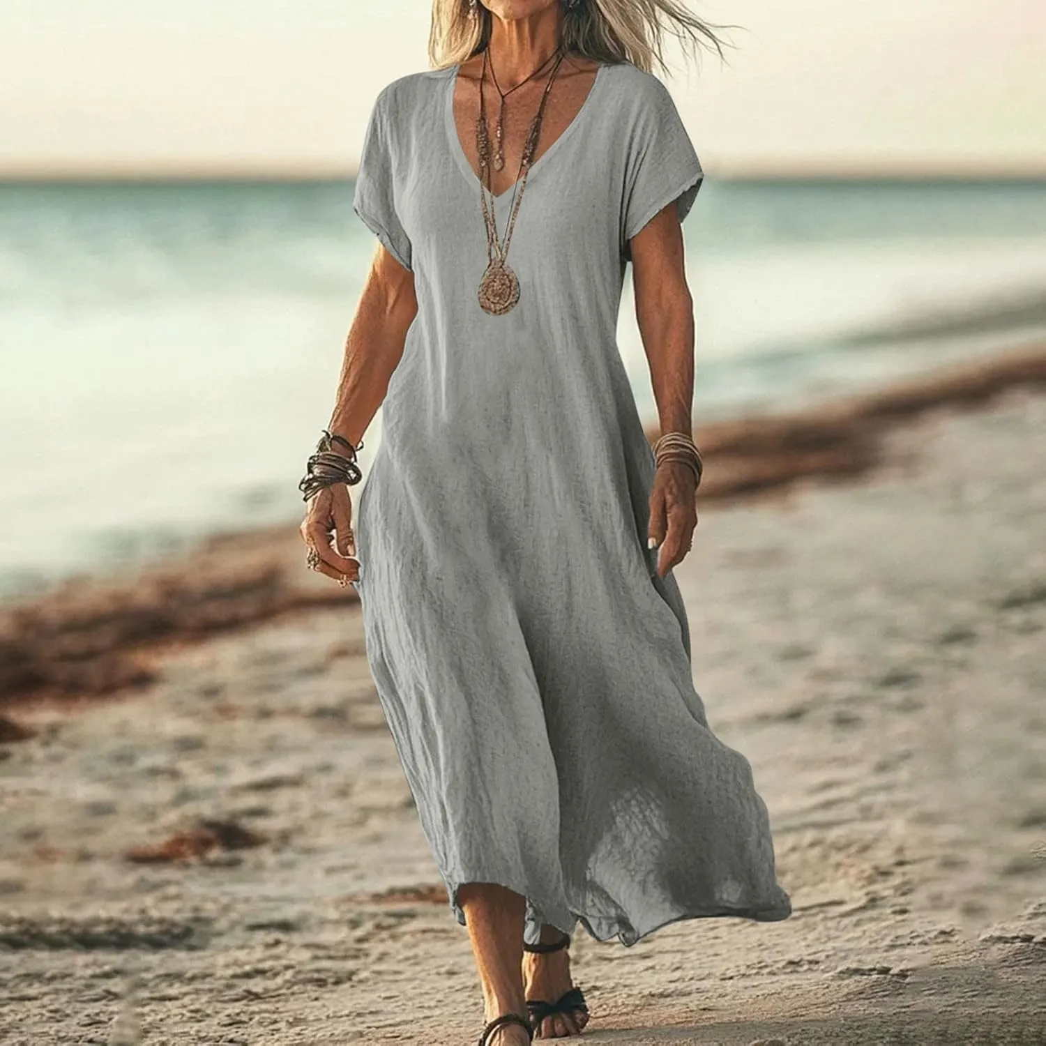 Xiaojmake 2025 Linen Casual Dresses for Women V Neck Short Sleeve Flowy Maxi Dress Lightweight Summer Beach Vacation Outfits