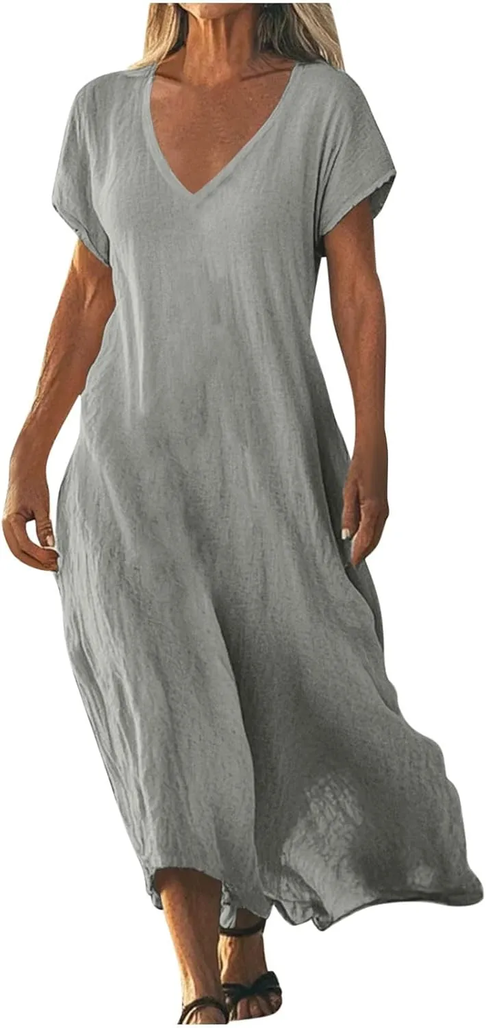 Xiaojmake 2025 Linen Casual Dresses for Women V Neck Short Sleeve Flowy Maxi Dress Lightweight Summer Beach Vacation Outfits